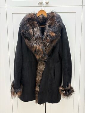 Women's Black Shearling Jacket with Brown Fur Trim